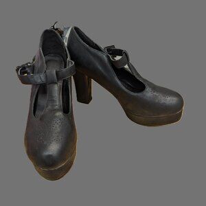 Black Leather Platform Heel Mary Janes